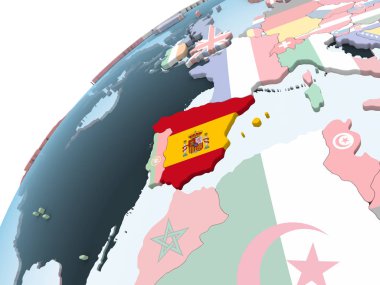 İspanya katıştırılmış bayrak ile parlak siyasi dünya üzerinde. 3D çizim.