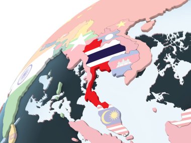 Tayland katıştırılmış bayrak ile parlak siyasi dünya üzerinde. 3D çizim.
