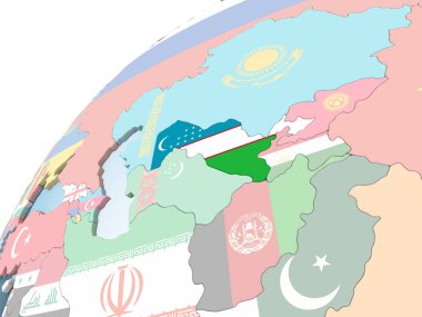 Özbekistan katıştırılmış bayrak ile parlak siyasi dünya üzerinde. 3D çizim.