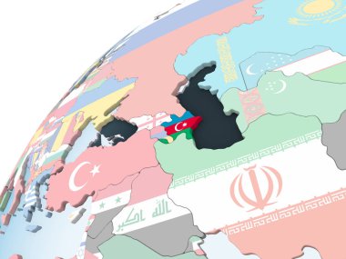 Azerbaycan katıştırılmış bayrak ile parlak siyasi dünya üzerinde. 3D çizim.