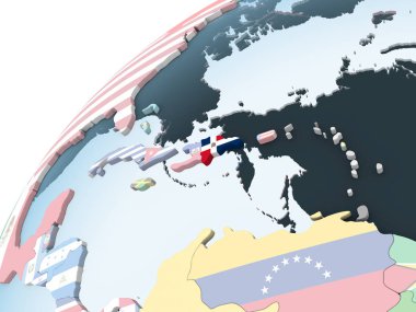 Dominik Cumhuriyeti katıştırılmış bayrak ile parlak siyasi dünya üzerinde. 3D çizim.