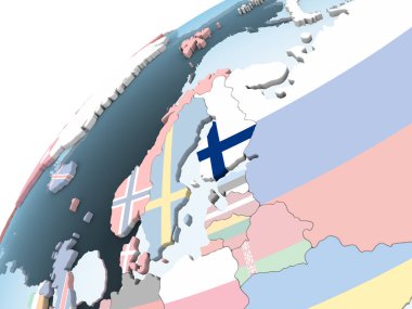 Finlandiya katıştırılmış bayrak ile parlak siyasi dünya üzerinde. 3D çizim.