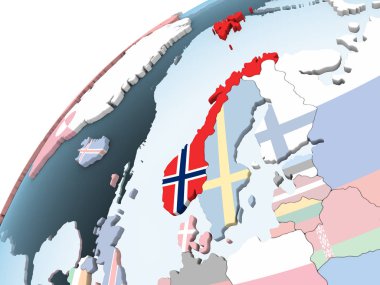 Norveç katıştırılmış bayrak ile parlak siyasi dünya üzerinde. 3D çizim.