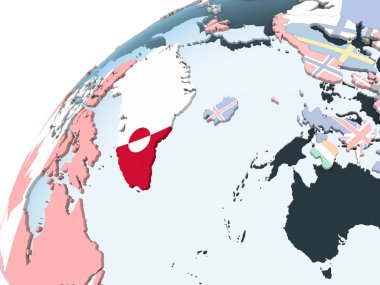 Grönland katıştırılmış bayrak ile parlak siyasi dünya üzerinde. 3D çizim.