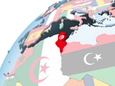 Tunus katıştırılmış bayrak ile parlak siyasi dünya üzerinde. 3D çizim.