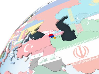 Ermenistan katıştırılmış bayrak ile parlak siyasi dünya üzerinde. 3D çizim.