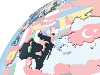 Kosova katıştırılmış bayrak ile parlak siyasi dünya üzerinde. 3D çizim.