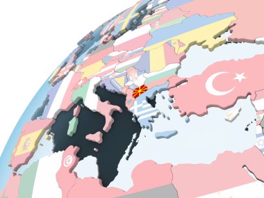 Makedonya katıştırılmış bayrak ile parlak siyasi dünya üzerinde. 3D çizim.