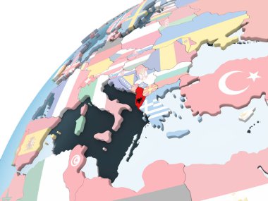 Arnavutluk katıştırılmış bayrak ile parlak siyasi dünya üzerinde. 3D çizim.