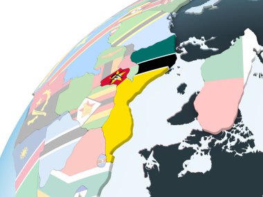 Mozambik katıştırılmış bayrak ile parlak siyasi dünya üzerinde. 3D çizim.