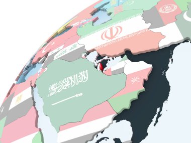 Katar katıştırılmış bayrak ile parlak siyasi dünya üzerinde. 3D çizim.