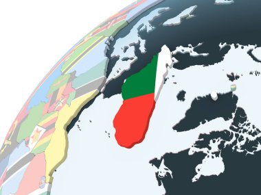 Madagaskar katıştırılmış bayrak ile parlak siyasi dünya üzerinde. 3D çizim.