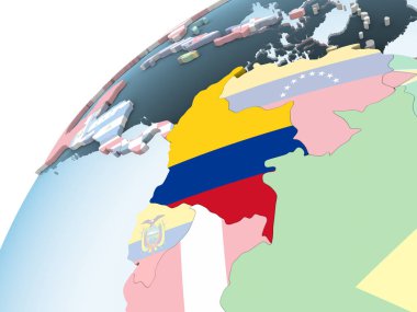 Kolombiya katıştırılmış bayrak ile parlak siyasi dünya üzerinde. 3D çizim.