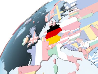 Almanya katıştırılmış bayrak ile parlak siyasi dünya üzerinde. 3D çizim.