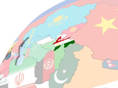 Tacikistan katıştırılmış bayrak ile parlak siyasi dünya üzerinde. 3D çizim.