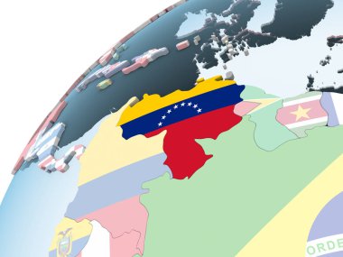 Venezuela katıştırılmış bayrak ile parlak siyasi dünya üzerinde. 3D çizim.