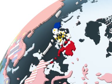 Filipinler katıştırılmış bayrak ile parlak siyasi dünya üzerinde. 3D çizim.