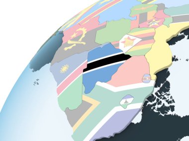 Botsvana katıştırılmış bayrak ile parlak siyasi dünya üzerinde. 3D çizim.