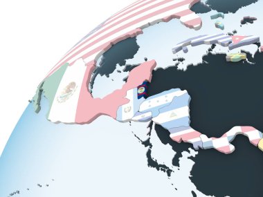 Belize katıştırılmış bayrak ile parlak siyasi dünya üzerinde. 3D çizim.