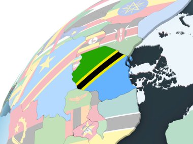 Tanzanya katıştırılmış bayrak ile parlak siyasi dünya üzerinde. 3D çizim.