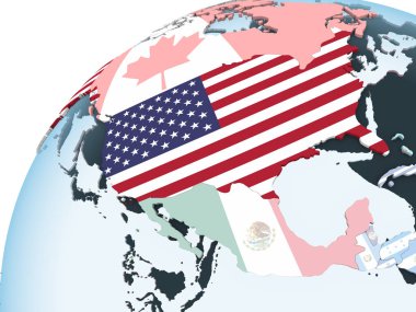 ABD katıştırılmış bayrak ile parlak siyasi dünya üzerinde. 3D çizim.