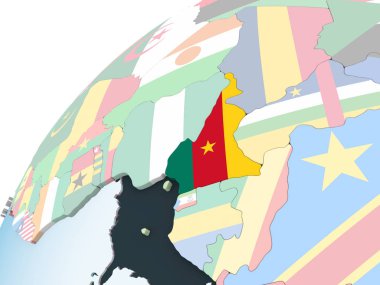 Kamerun katıştırılmış bayrak ile parlak siyasi dünya üzerinde. 3D çizim.