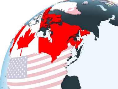 Kanada katıştırılmış bayrak ile parlak siyasi dünya üzerinde. 3D çizim.