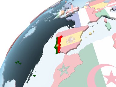 Portekiz katıştırılmış bayrak ile parlak siyasi dünya üzerinde. 3D çizim.