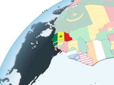 Senegal katıştırılmış bayrak ile parlak siyasi dünya üzerinde. 3D çizim.