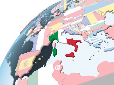 İtalya katıştırılmış bayrak ile parlak siyasi dünya üzerinde. 3D çizim.