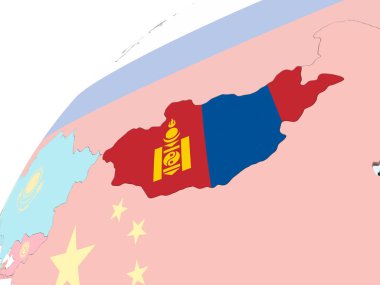 Moğolistan katıştırılmış bayrak ile parlak siyasi dünya üzerinde. 3D çizim.