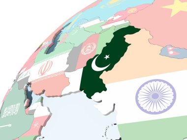 Pakistan katıştırılmış bayrak ile parlak siyasi dünya üzerinde. 3D çizim.