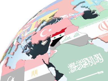 Suriye katıştırılmış bayrak ile parlak siyasi dünya üzerinde. 3D çizim.