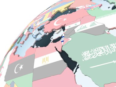 İsrail katıştırılmış bayrak ile parlak siyasi dünya üzerinde. 3D çizim.