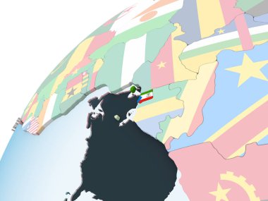 Ekvator Ginesi katıştırılmış bayrak ile parlak siyasi dünya üzerinde. 3D çizim.