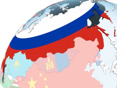 Rusya katıştırılmış bayrak ile parlak siyasi dünya üzerinde. 3D çizim.