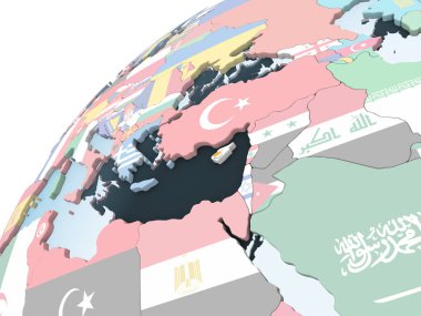 Kıbrıs katıştırılmış bayrak ile parlak siyasi dünya üzerinde. 3D çizim.