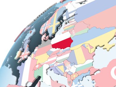 Polonya katıştırılmış bayrak ile parlak siyasi dünya üzerinde. 3D çizim.