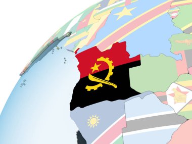Angola katıştırılmış bayrak ile parlak siyasi dünya üzerinde. 3D çizim.