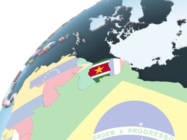 Surinam katıştırılmış bayrak ile parlak siyasi dünya üzerinde. 3D çizim.