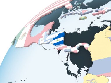 Nikaragua katıştırılmış bayrak ile parlak siyasi dünya üzerinde. 3D çizim.