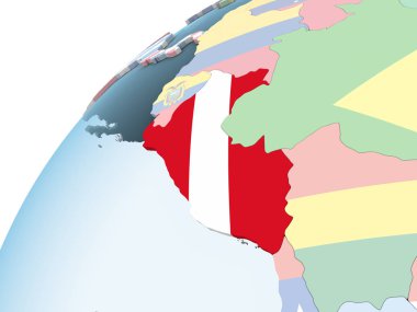 Peru katıştırılmış bayrak ile parlak siyasi dünya üzerinde. 3D çizim.