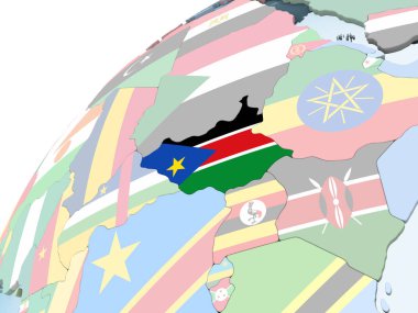 Güney Sudan katıştırılmış bayrak ile parlak siyasi dünya üzerinde. 3D çizim.