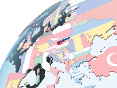 Slovakya katıştırılmış bayrak ile parlak siyasi dünya üzerinde. 3D çizim.