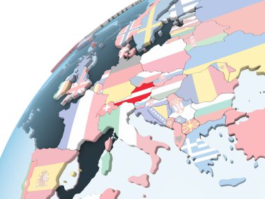 Avusturya katıştırılmış bayrak ile parlak siyasi dünya üzerinde. 3D çizim.