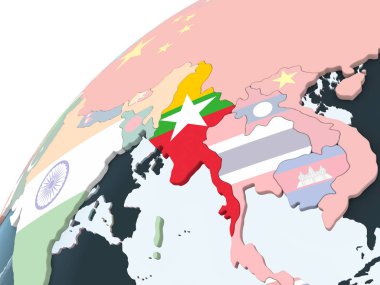 Myanmar katıştırılmış bayrak ile parlak siyasi dünya üzerinde. 3D çizim.