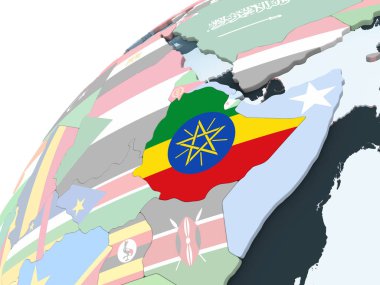 Etiyopya katıştırılmış bayrak ile parlak siyasi dünya üzerinde. 3D çizim.
