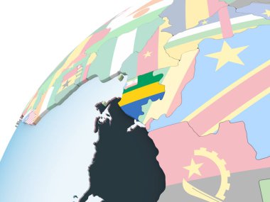 Gabon katıştırılmış bayrak ile parlak siyasi dünya üzerinde. 3D çizim.