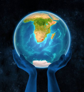 Lesotho dünya üzerinde kırmızı alanı elinde düzenledi. 3D çizim.