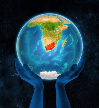 Güney Afrika Dünya üzerinde kırmızı alanı elinde düzenledi. 3D çizim.